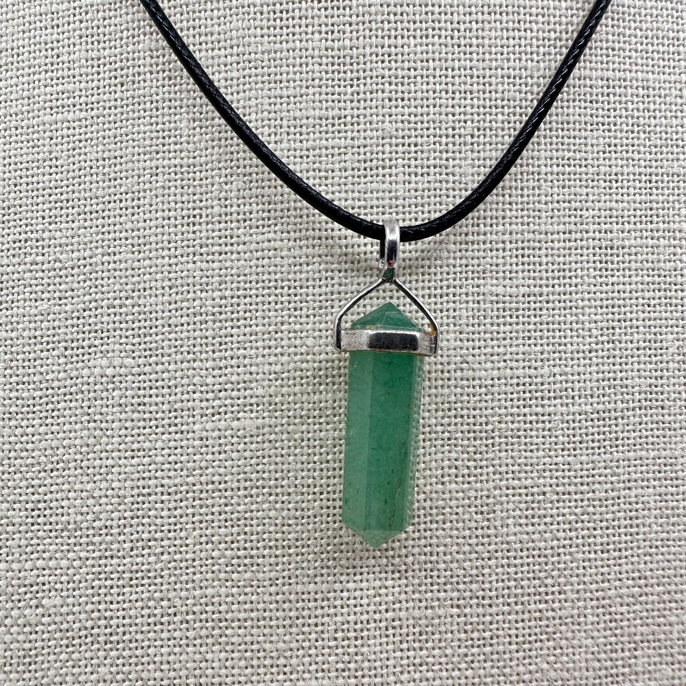 Vintage 90s Green Glass Point Pendant Necklace Black Cord Boho Minimalist Modern